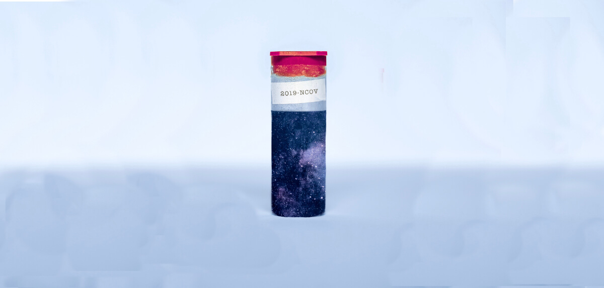 small bottle labelled 2019-NCOV with a galaxy of stars inside